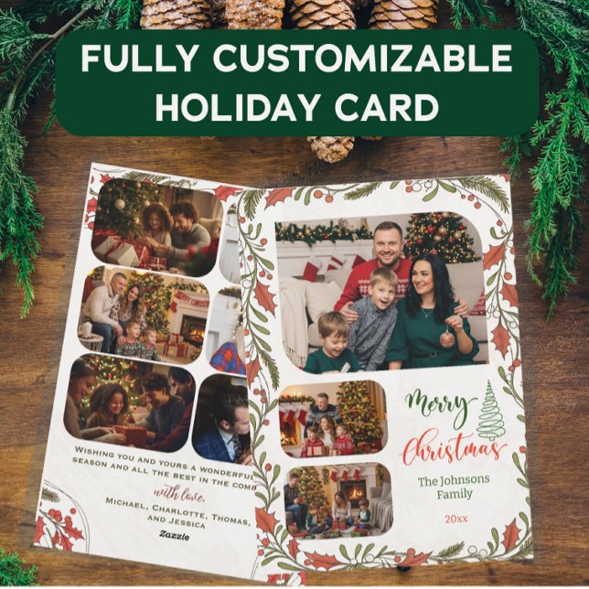 Custom Christmas Photo Collage, Script & Holly Holiday Card (Creator Uploaded)