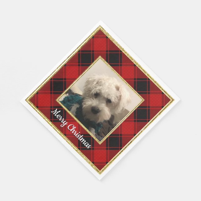 Custom Christmas Photo Frame Red and Black Plaid Napkin (Corner)