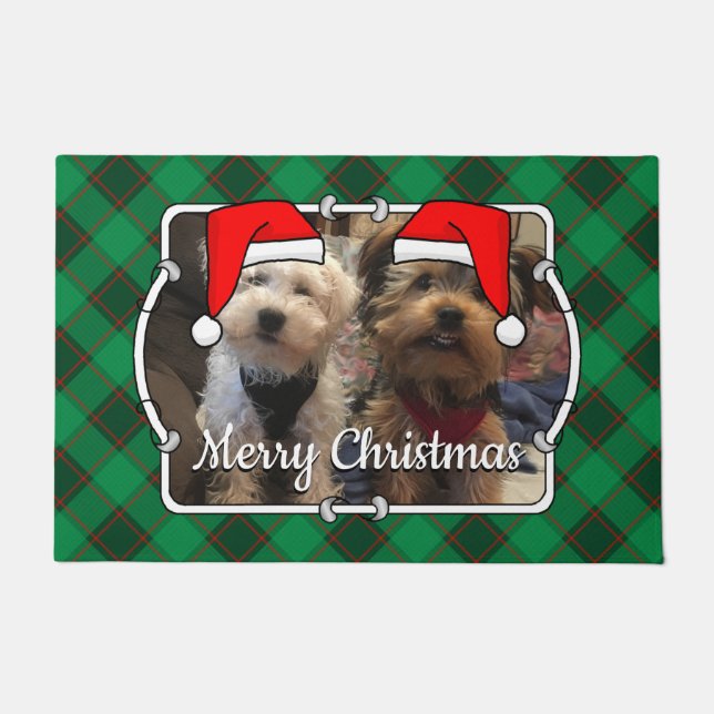 Custom Christmas Photo Frame Red and Green Plaid Doormat (Front)