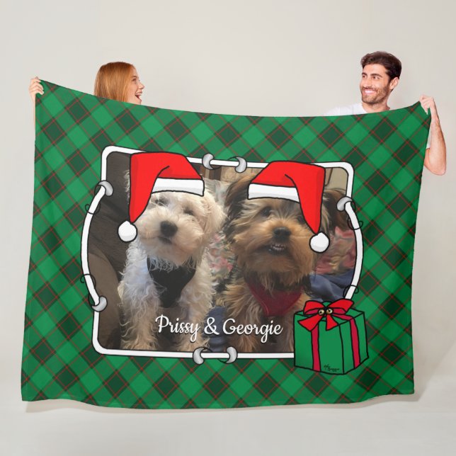 Custom Christmas Photo Frame Red and Green Plaid Fleece Blanket (In Situ)