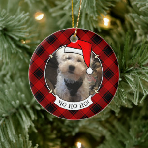 Custom Christmas Photo Frame Red & Black Plaid Pet Ceramic Ornament