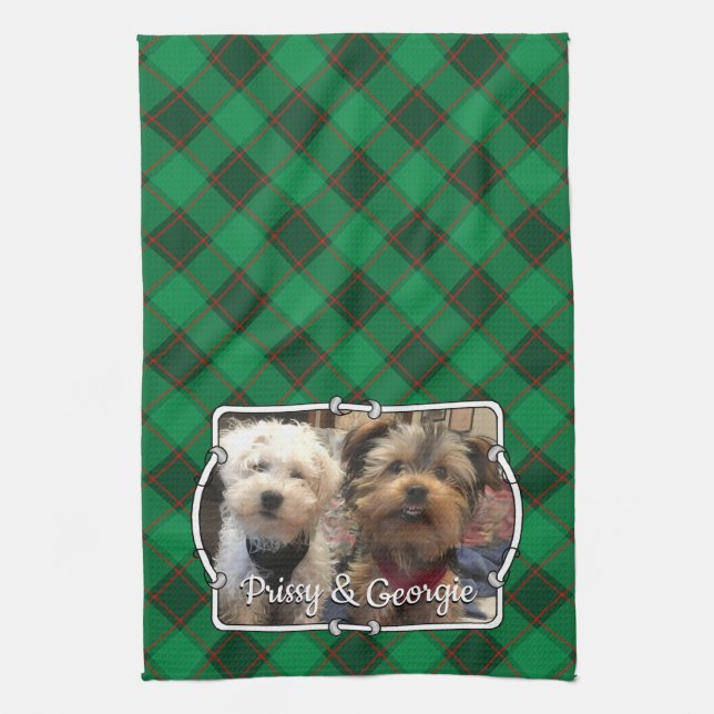Custom Christmas Photo Frame Red & Green Plaid Kitchen Towel (Vertical)