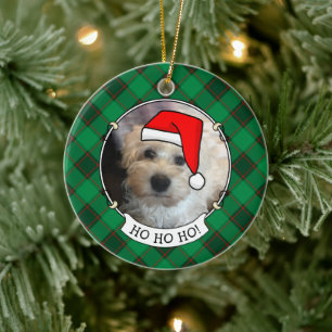 Custom Christmas Photo Frame Red & Green Plaid Pet Ceramic Ornament