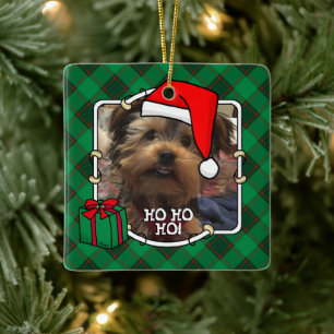 Custom Christmas Photo Frame Red & Green Plaid Pet Ceramic Ornament