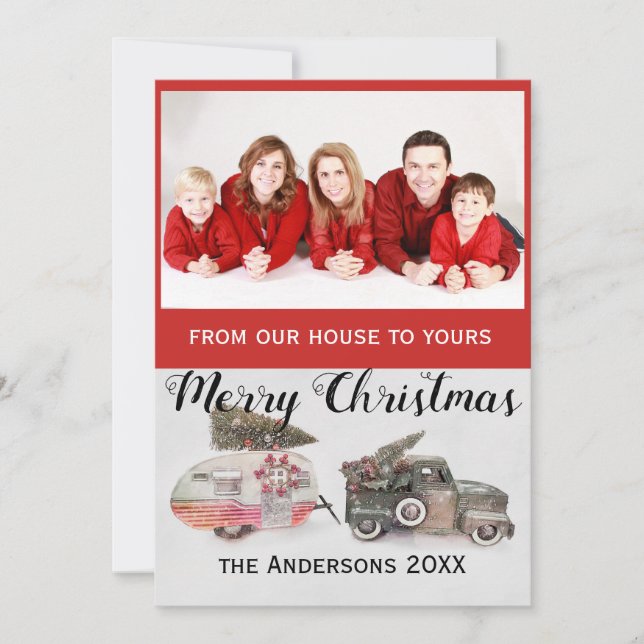 custom Christmas photo toy truck and trailer Holiday Card (Front)