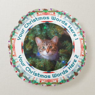 Custom Christmas Pink Green Blue Family Photo Gift Round Pillow