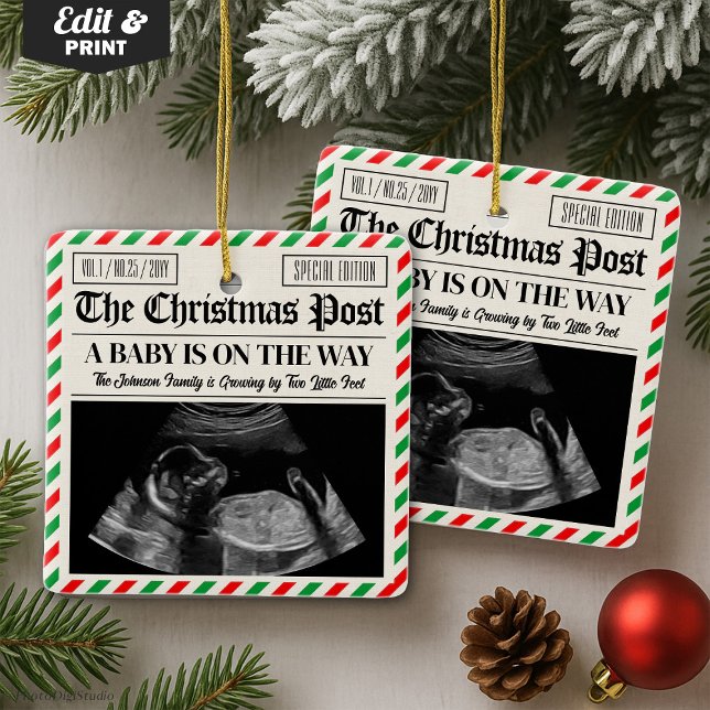 Custom Christmas Pregnancy Announcement Newspaper Ceramic Ornament (Custom Christmas Pregnancy Announcement Newspaper Ceramic Ornament)