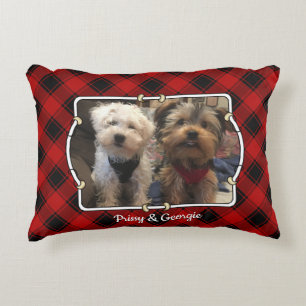 Custom Christmas Red and Black Plaid 2 Photo Frame Accent Pillow