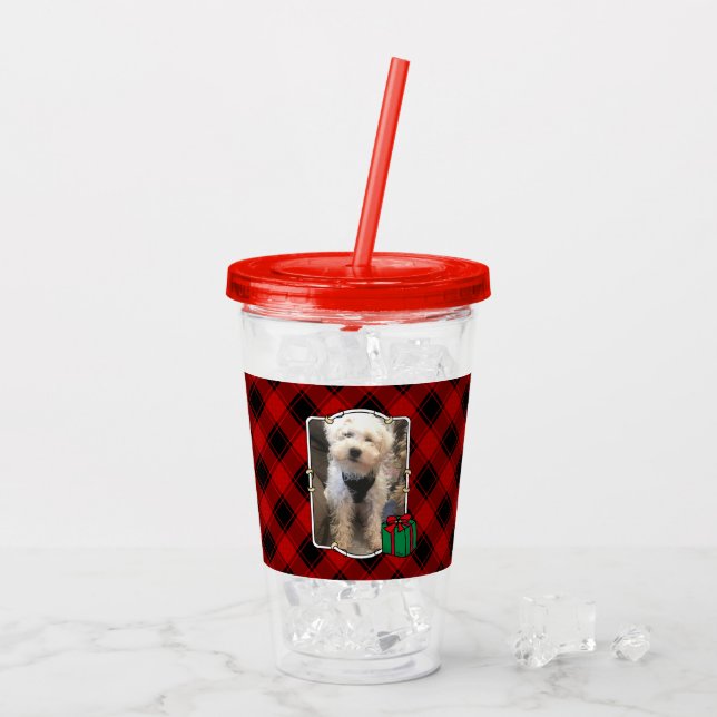 Custom Christmas Red and Black Plaid 2 Photo Frame Acrylic Tumbler (Back Ice)