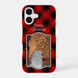 Custom Christmas Red and Black Plaid Photo Frame iPhone 16 Case