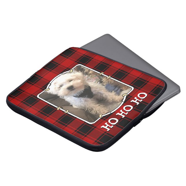 Custom Christmas Red and Black Plaid Photo Frame Laptop Sleeve (Front Top)