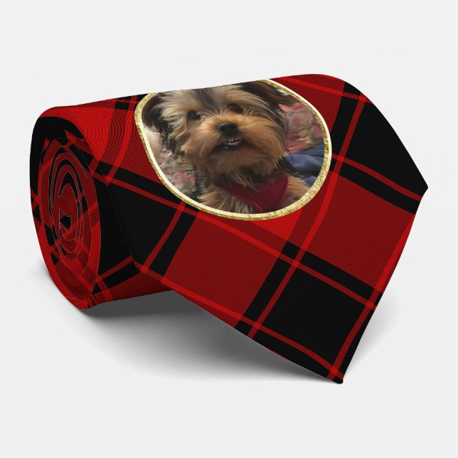 Custom Christmas Red and Black Plaid Photo Frame Tie (Rolled)