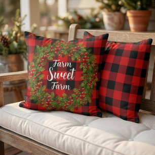 Custom Christmas Red Black Buffalo Check Plaid Outdoor Pillow