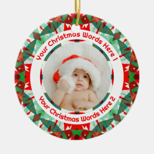 Custom Christmas Red Green Family Photo Gift Ceramic Ornament