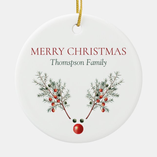 Custom Christmas Red Nosed Reindeer Pine Berries Ceramic Ornament (Front)