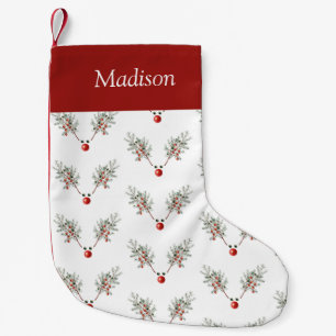 Custom Christmas Red Nosed Reindeer Pine Berries Small Christmas Stocking