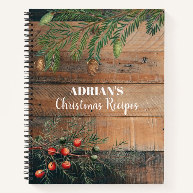 Custom Christmas Rustic Wood Xmas Recipes Notebook (Front)