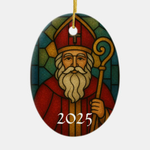 Custom Christmas Santa Art Deco Stained Glass Ceramic Ornament