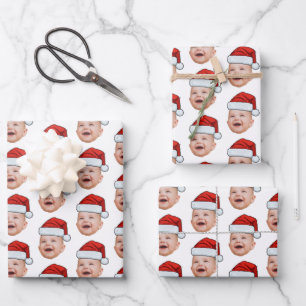 Custom Christmas Santa Hat Face Photo Wihte Wrapping Paper Sheet