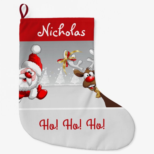 Custom Christmas Santa & Reindeer Ho! Ho! Ho! Large Christmas Stocking (Front)