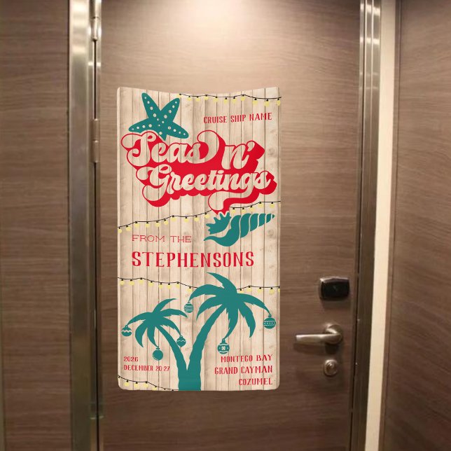 Custom Christmas Seas N' Greetings Cruise Door Banner (Tropical Christmas cruise door banner)