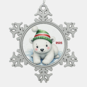 Custom Christmas Small Polar Bear Snowflake Pewter Christmas Ornament