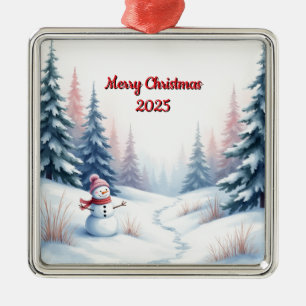 Custom Christmas Snowman Winter scene Metal Ornament