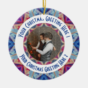 Custom Christmas Star Jolly Blue Photo Greeting Ceramic Ornament