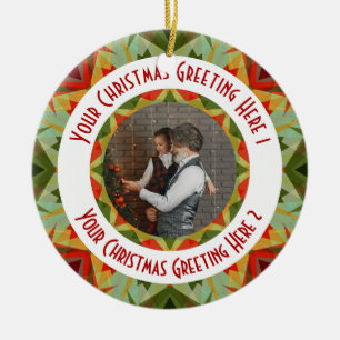 Custom Christmas Star Jolly Green Photo Greeting Ceramic Ornament