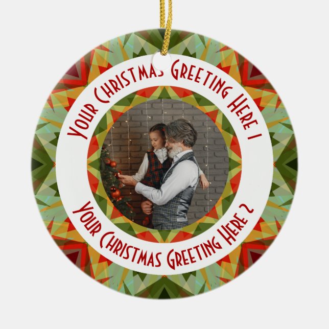 Custom Christmas Star Jolly Green Photo Greeting Ceramic Ornament (Front)