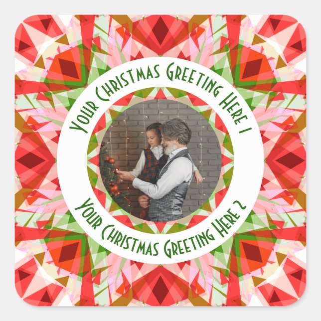 Custom Christmas Star Jolly Red Fun Photo Greeting Square Sticker (Front)