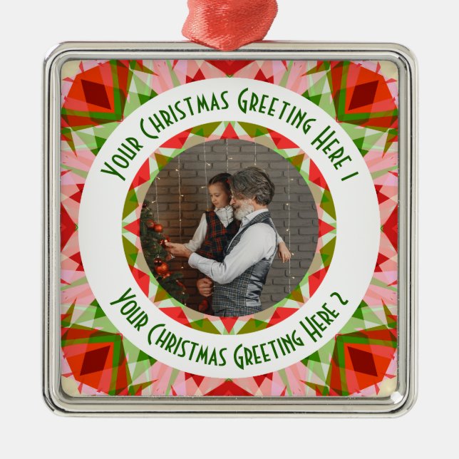 Custom Christmas Star Jolly Red Photo Greeting Metal Ornament (Front)