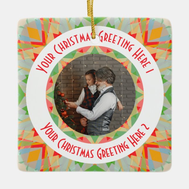 Custom Christmas Star Merry Green Photo Greeting Ceramic Ornament (Front)
