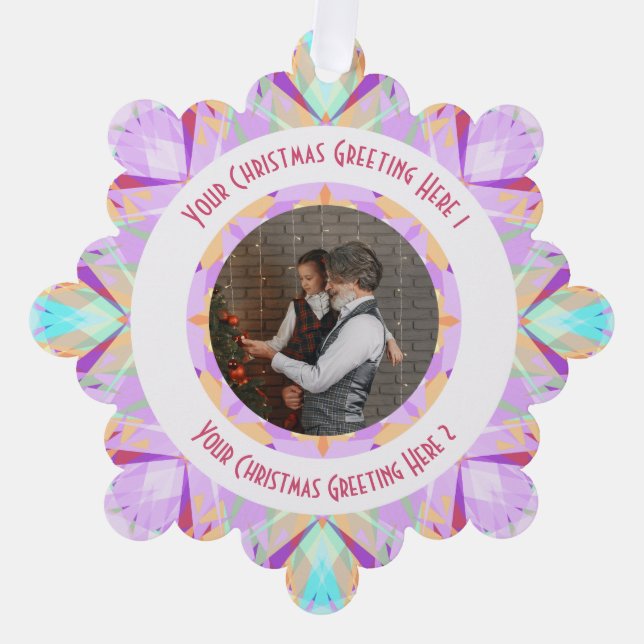 Custom Christmas Star Winter Purple Photo Greeting Ornament Card (Front)