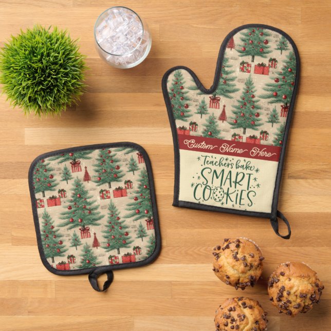 Custom Christmas Teacher Gift Oven Mitt & Pot Holder Set (Top Down)