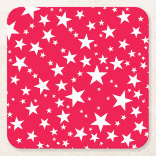Custom Christmas Template Red White Stars Square Paper Coaster