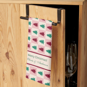Custom Christmas Tree Burgundy Pine Green Pattern Kitchen Towel