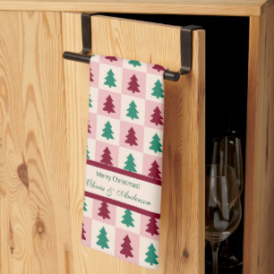 Custom Christmas Tree Burgundy Pine Green Pattern Kitchen Towel