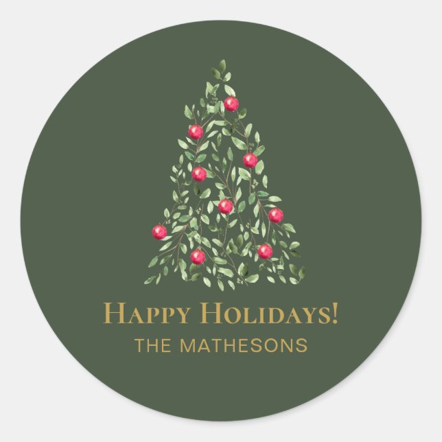 Custom Christmas Tree green red elegant family  Classic Round Sticker (Front)
