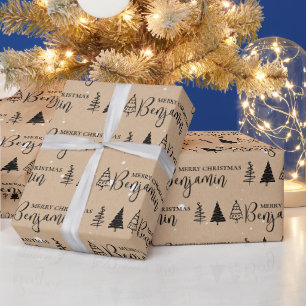 Custom Christmas Tree Kraft Name Repeating Jumbo Wrapping Paper