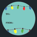 Custom Christmas tree lights to from tag stickers<br><div class="desc">Custom Christmas tree lights to and from tag stickers. Colourful Xmas decorations design with personalizable template text. Custom tag with coloured treelights decor. Cute bulbs design for men women and kids. Personalize with custom family name or seasons greetings. Round glossy labels / stickers for Holiday presents.</div>