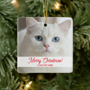 Custom Christmas tree ornament with white cat pic