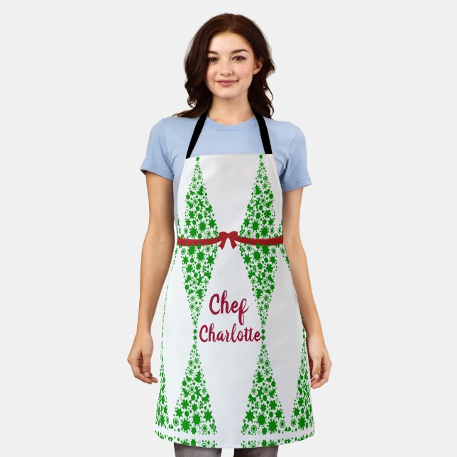 Custom Christmas Tree Theme Green Chef Apron (Worn)