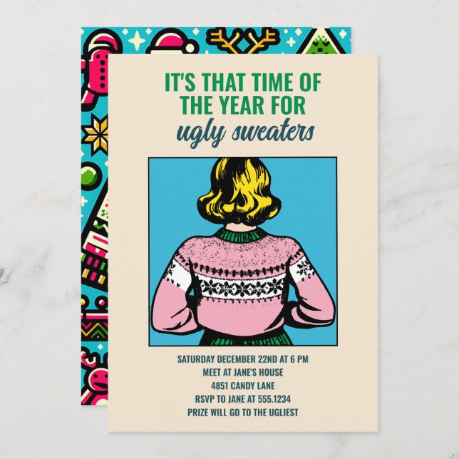 Custom Christmas Ugly Sweater Party Pop Art Invitation (Front/Back)