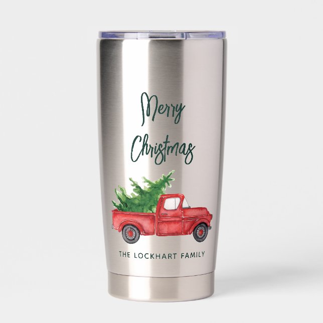 Custom Christmas Vintage Red Truck Holiday Insulated Tumbler (Front)