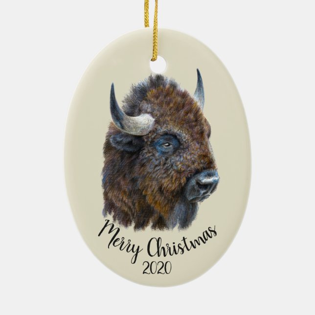 Custom Christmas Watercolor Bison Buffalo Animal Ceramic Ornament (Back)