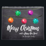 Custom Christmas Watercolor Monthly Photos Calendar<br><div class="desc">Watercolor Christmas ball ornaments and a beautiful script type adorn this design against a chalkboard background. Personalize with you family name and customize every month with your own photographs of choice.</div>