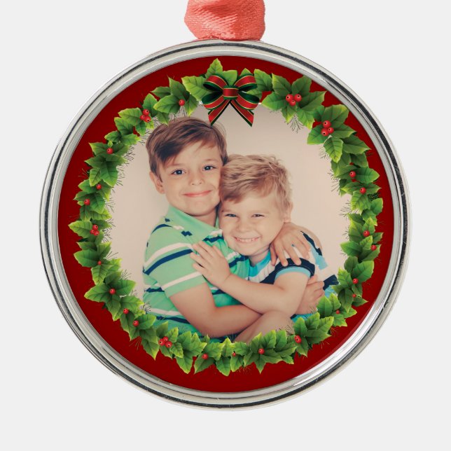 Custom Christmas Wreath Add Your Own Photo Red Metal Ornament (Front)