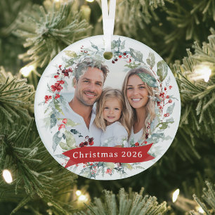 Custom Christmas Wreath Family Photo Year Glass Ornament