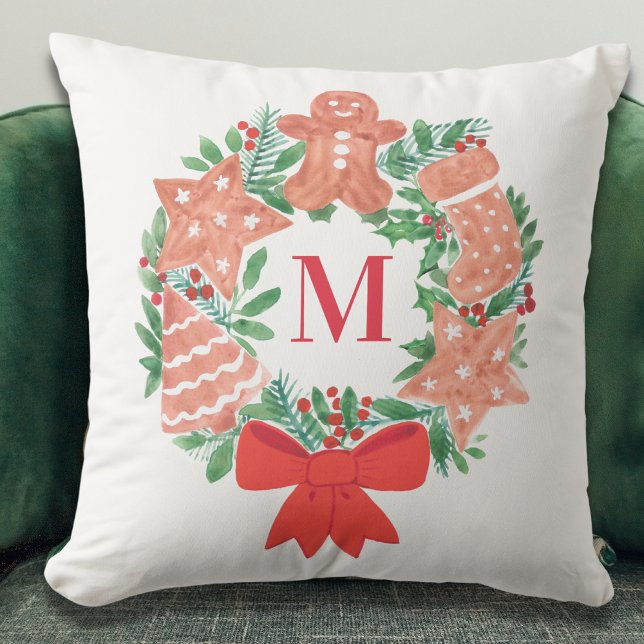 Custom Christmas Wreath Monogram Throw Pillow (Creator Uploaded)